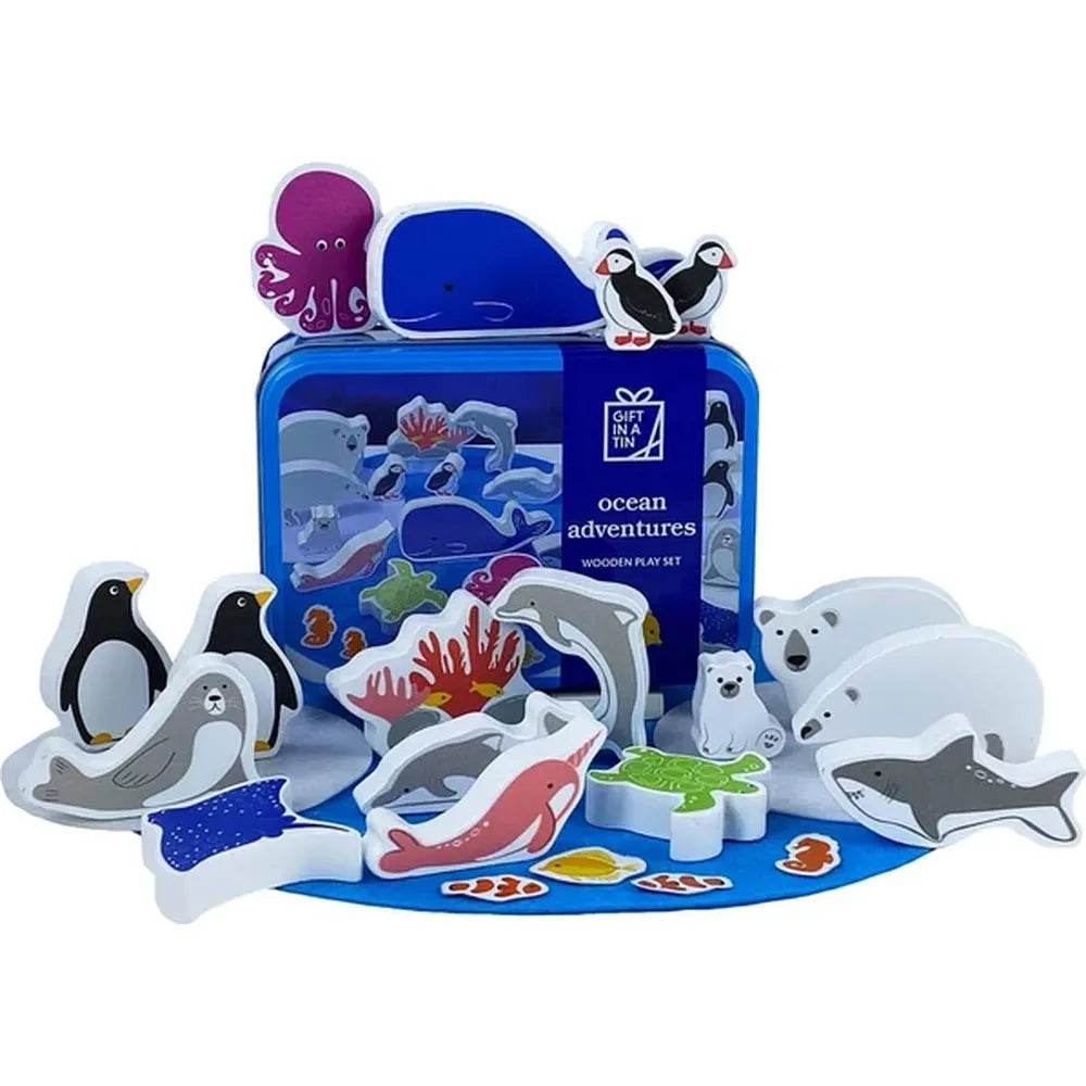APPLES TO PEARS® Ocean Adventures Gift in a Tin – Wooden Ocean Animal Play Set with Felt Play Mats