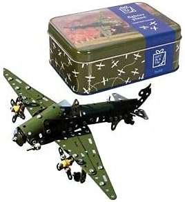 Model airplane kit with a tin box featuring a blue label.