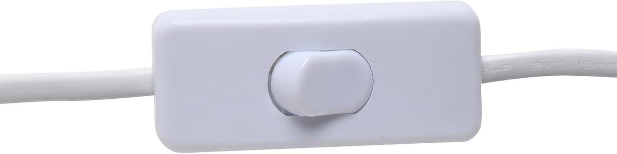 A white plastic inline switch with a central toggle button, shown on a white background with a white cable running through it.