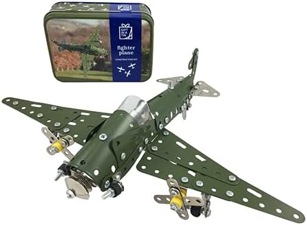 Green model airplane kit with tin box labeled 'fighter plane' on a white background
