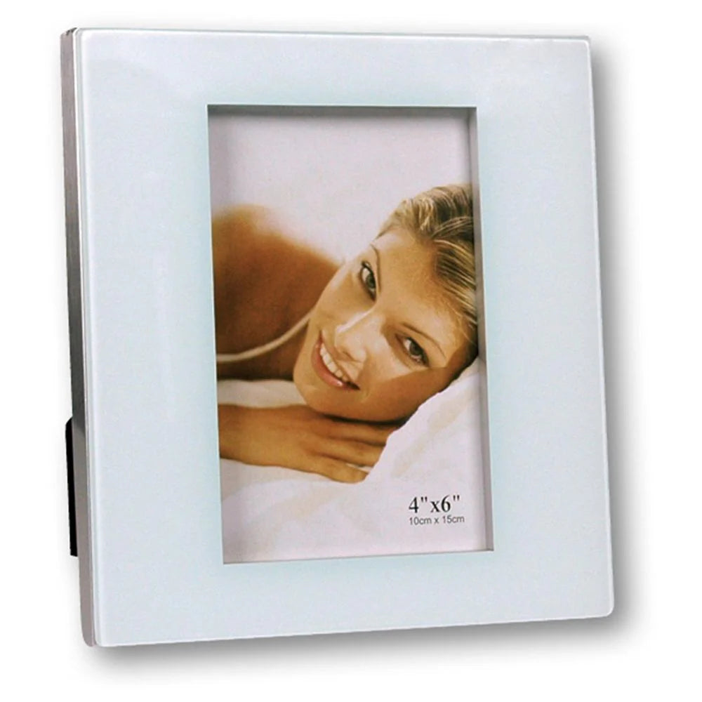 White photo frame with a woman's face inside, on a white background