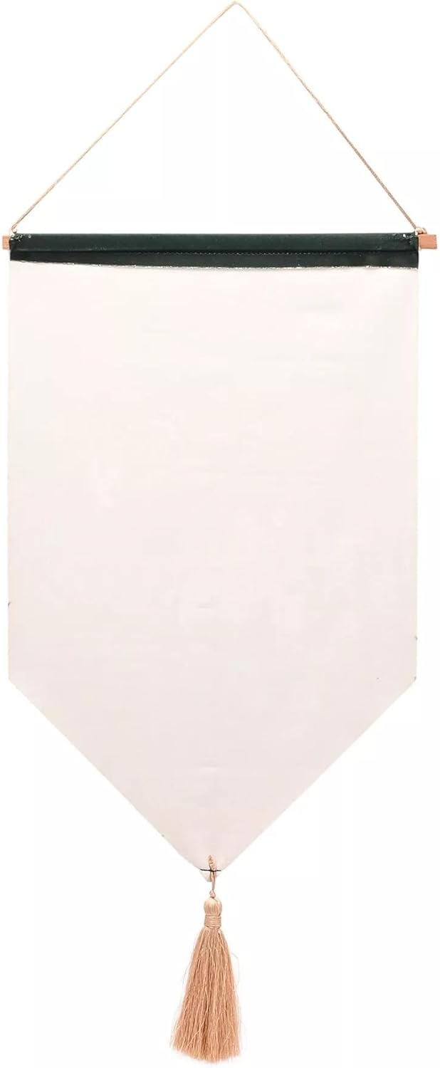 A minimalist fabric wall hanging pennant with a pointed bottom, finished with a beige tassel and a black hanging rod, shown against a plain white background.