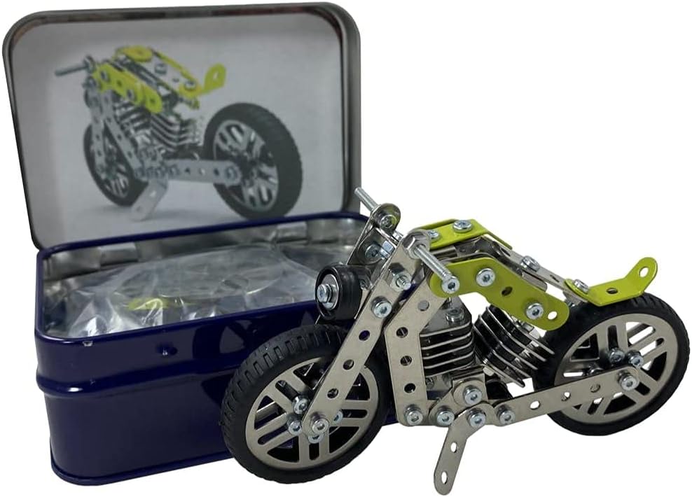 Motorcycle model kit with open blue box showing motorcycle illustration