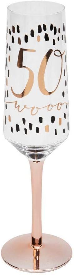 Champagne flute with '50th' text and rose gold accents on a white background