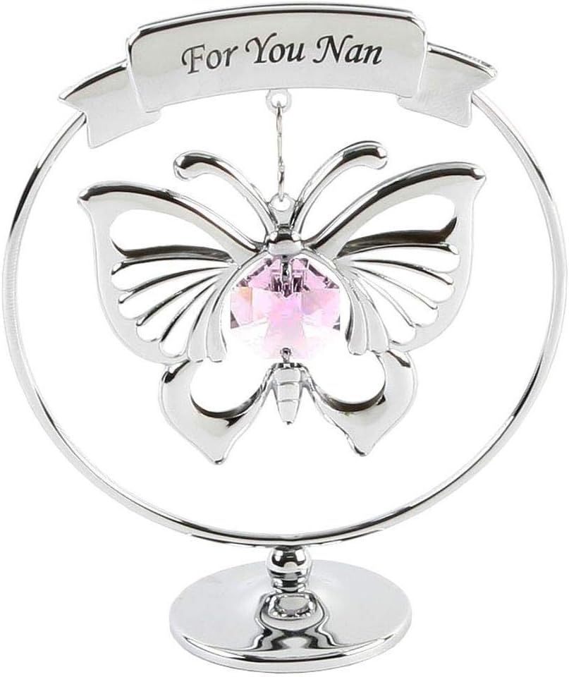 Butterfly-shaped ornament with pink gem and 'For You Nan' text on a white background