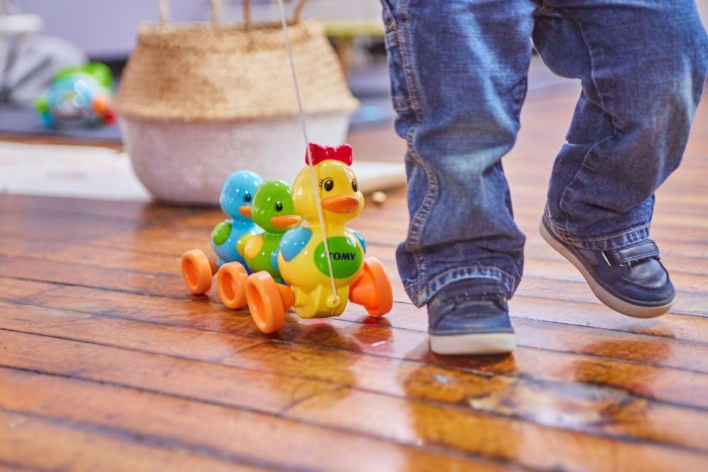 Child playing with a colorful toy duck on a wooden floor