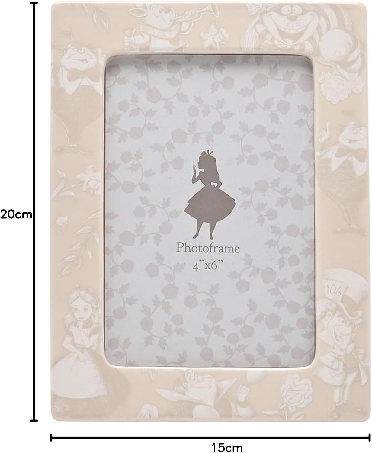 Floral photo frame with a decorative design, dimensions indicated.