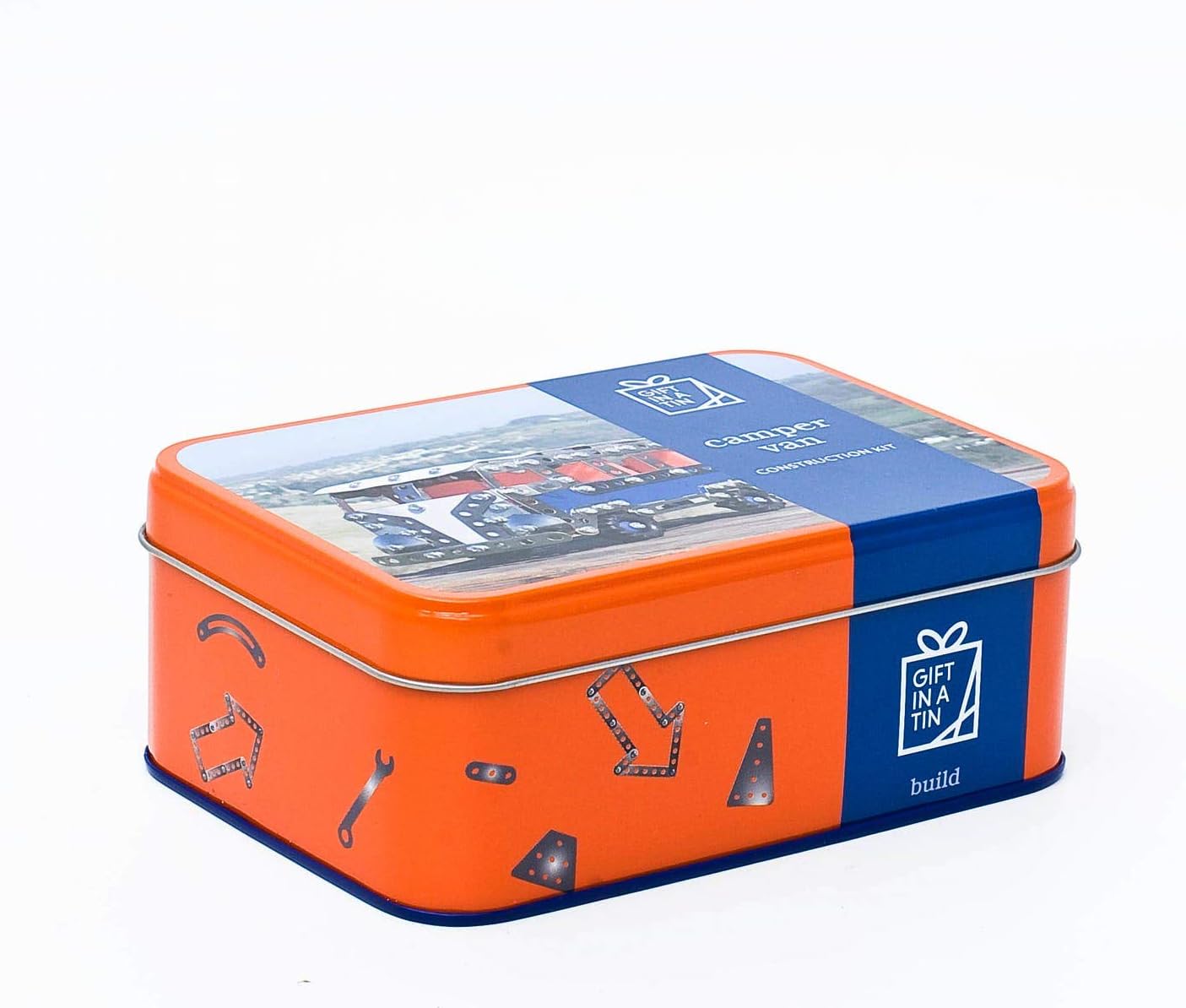 Rectangular tin box with orange and blue design on a white background