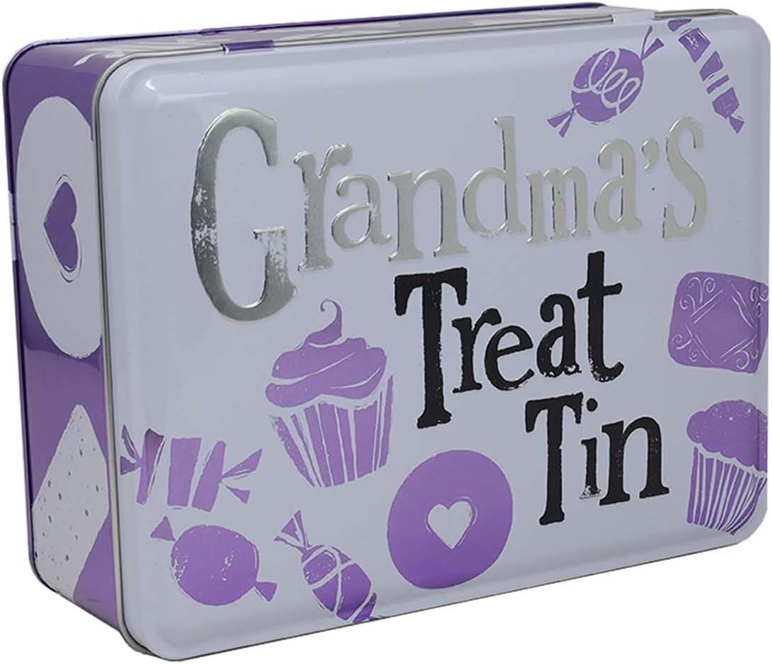 Treat tin labeled 'Grandma's Treat Tin' with purple and white design on a white background