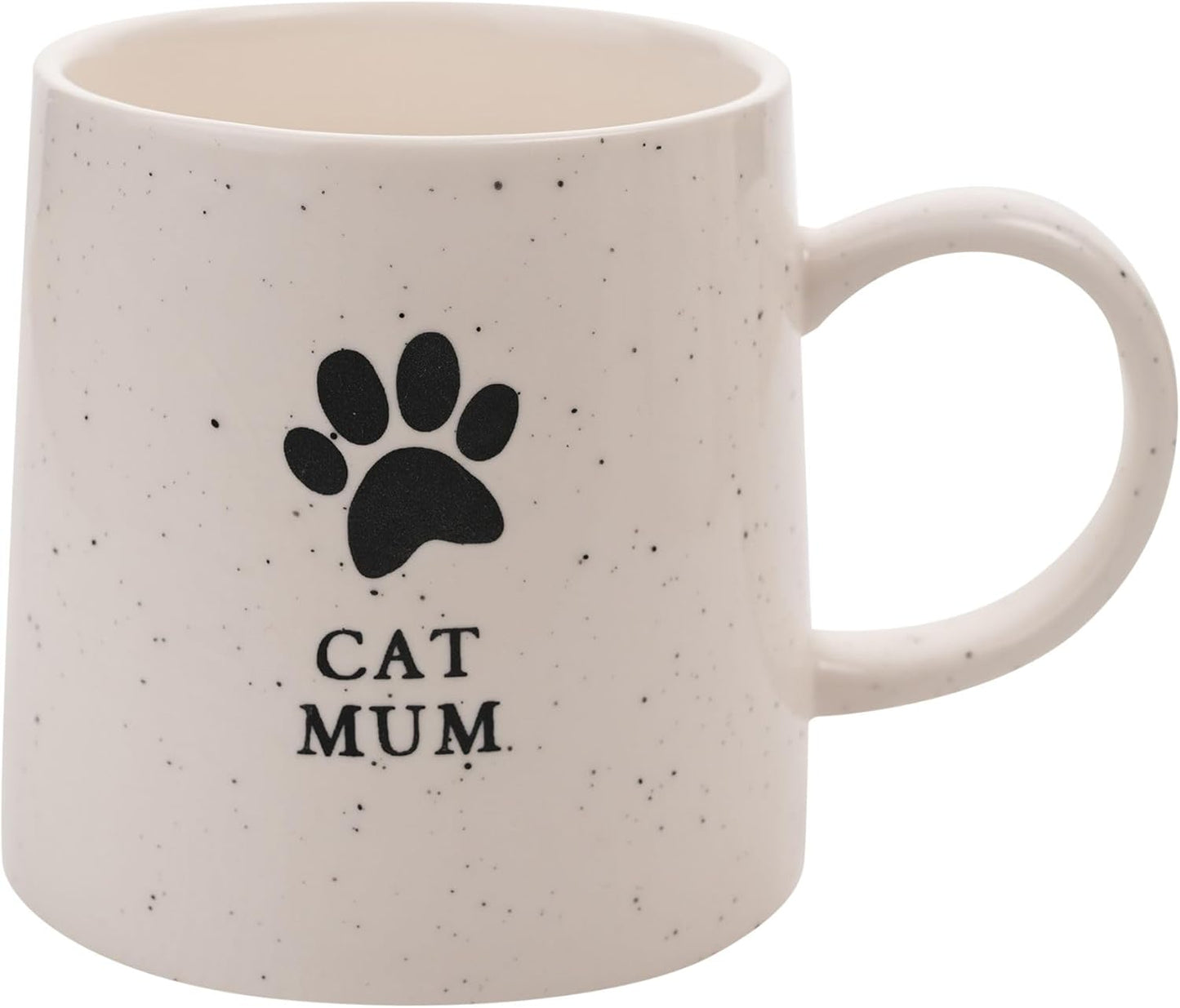 White mug with black paw print and 'Cat Mum' text on a white background