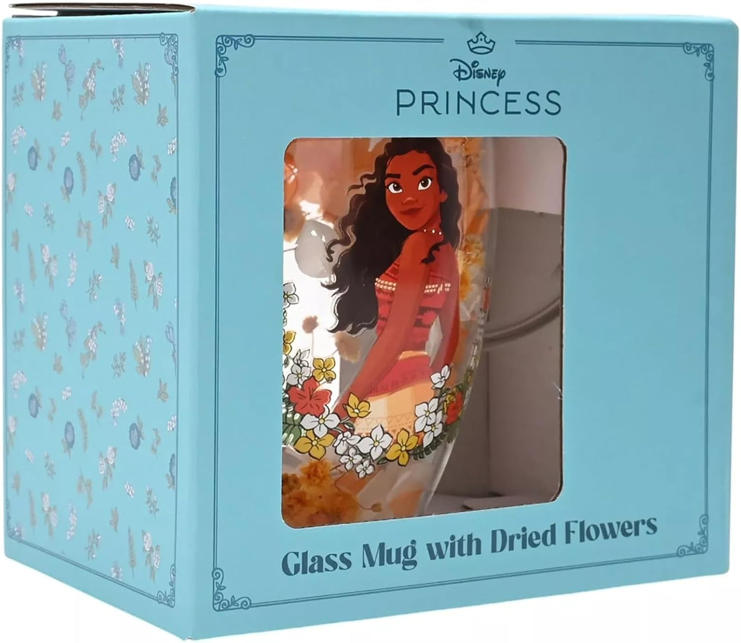 Disney Princess glass mug with dried flowers, shown inside its light blue retail box with a clear window displaying the illustrated mug.