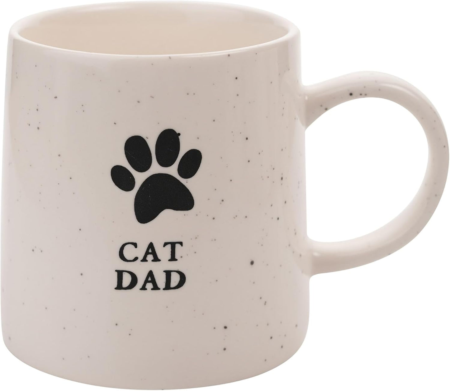 Beige mug with black paw print and 'CAT DAD' text on a white background