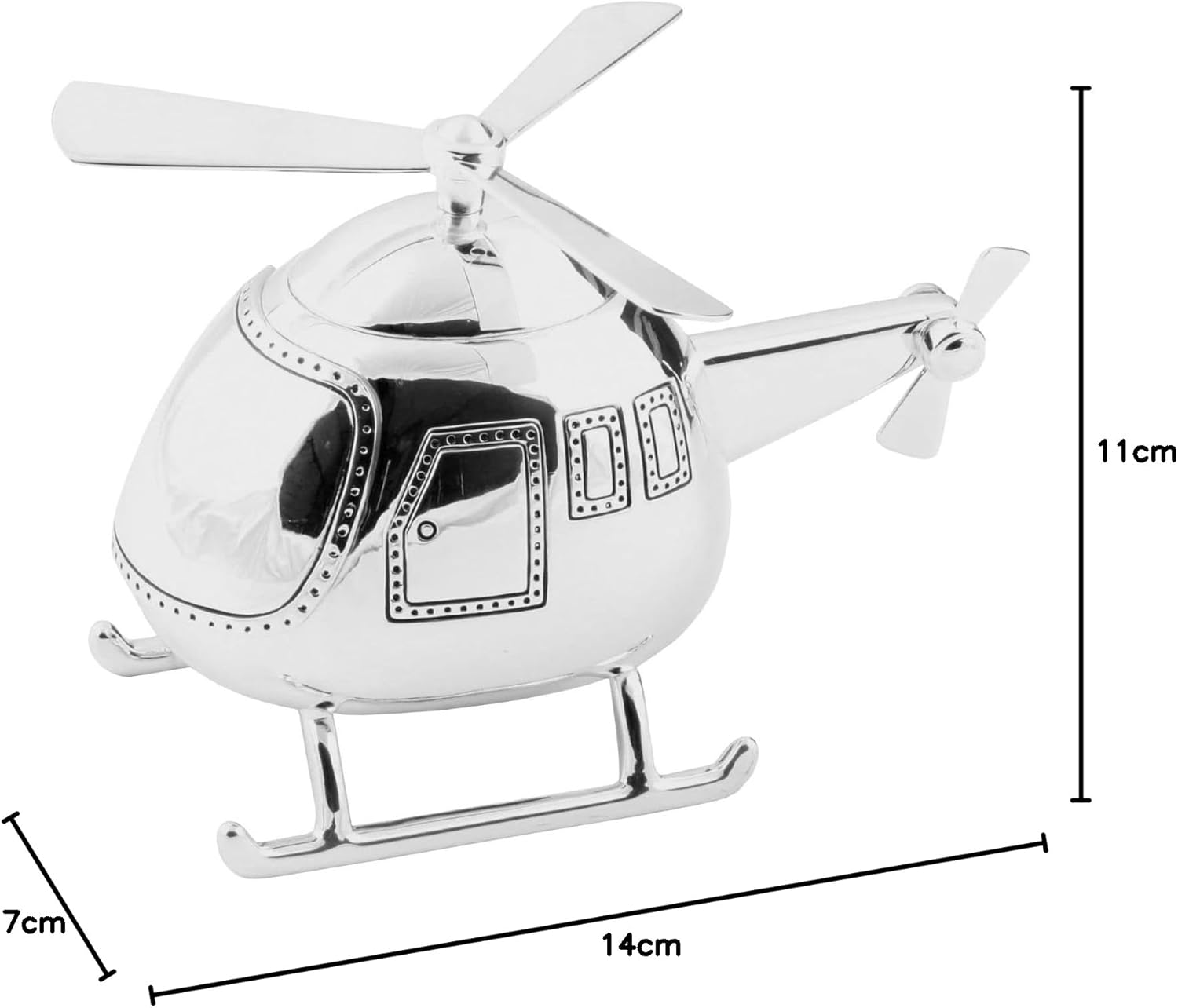 Metallic helicopter model with dimensions on a white background