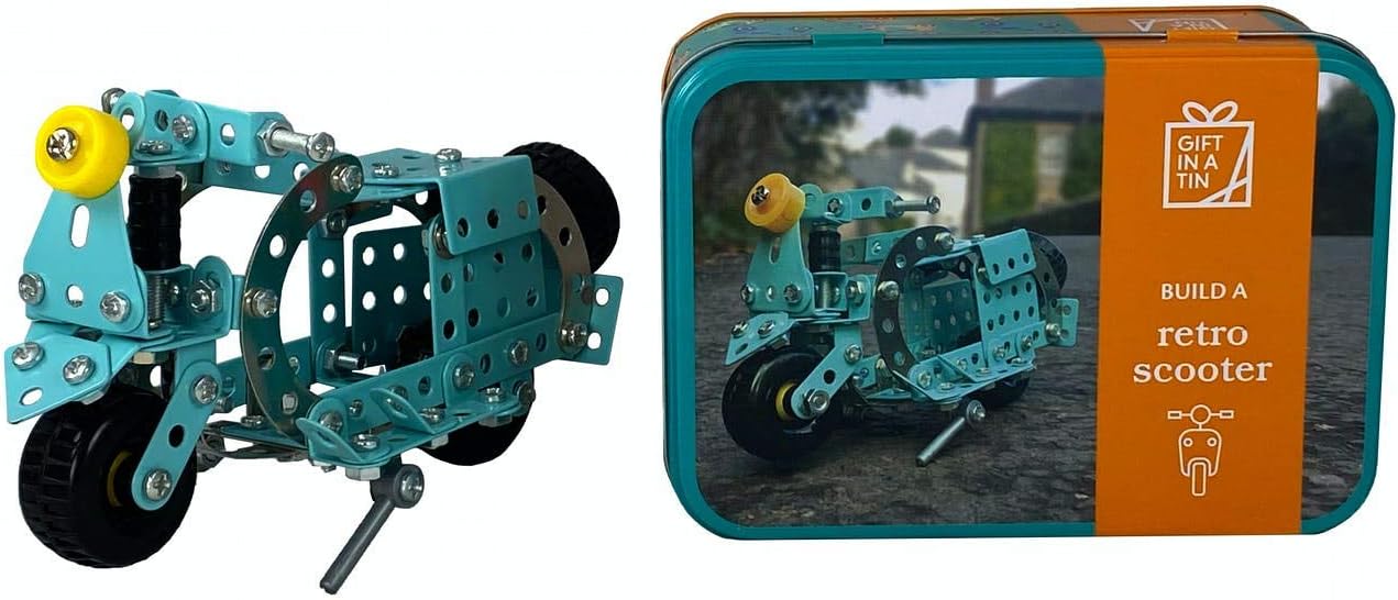 Teal retro scooter model kit with packaging on a white background