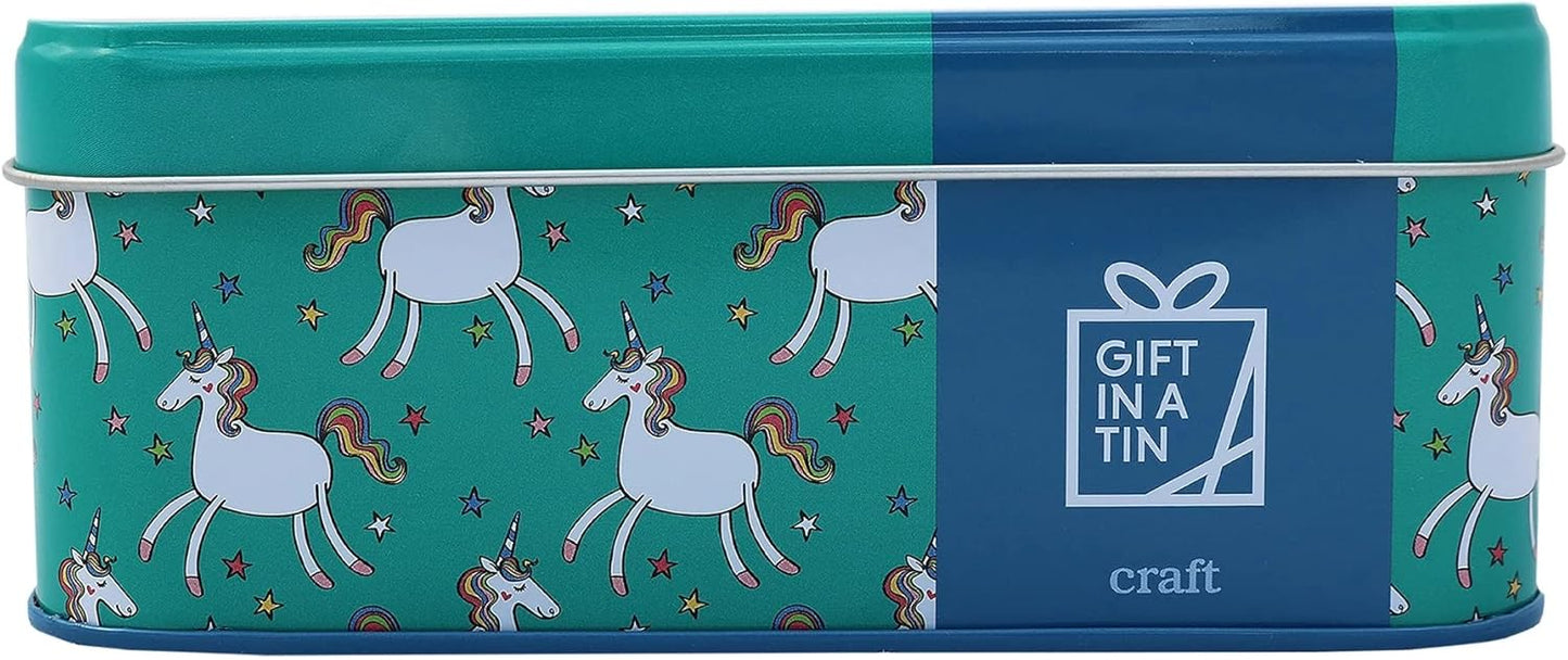Tin box with unicorn design and 'Gift in a Tin' branding on a teal background