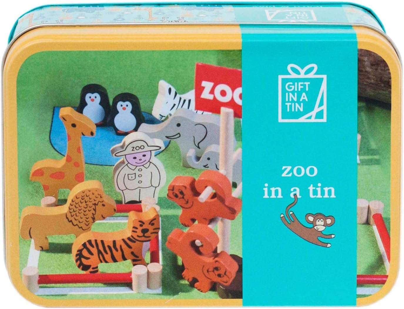 Toy set in a tin labeled 'Zoo in a Tin' with various animal figures and a zookeeper figure.