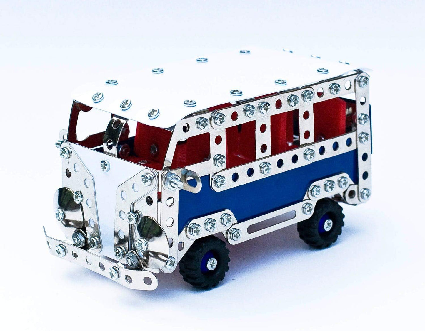 Toy bus with a red, white, and blue design on a white background