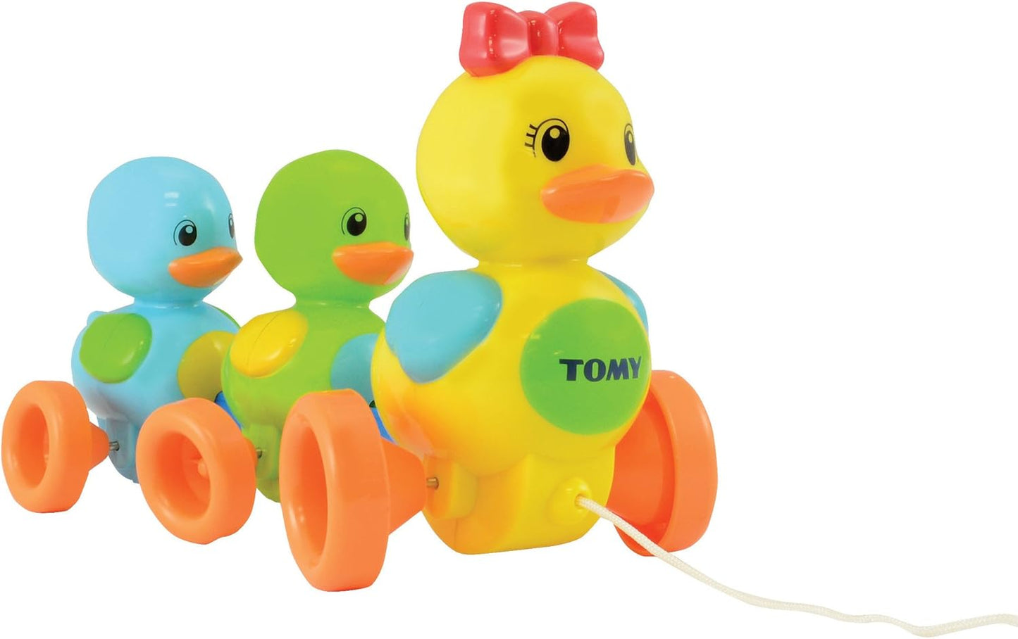 Colorful toy duck set with wheels on a white background, featuring the Tomy brand.