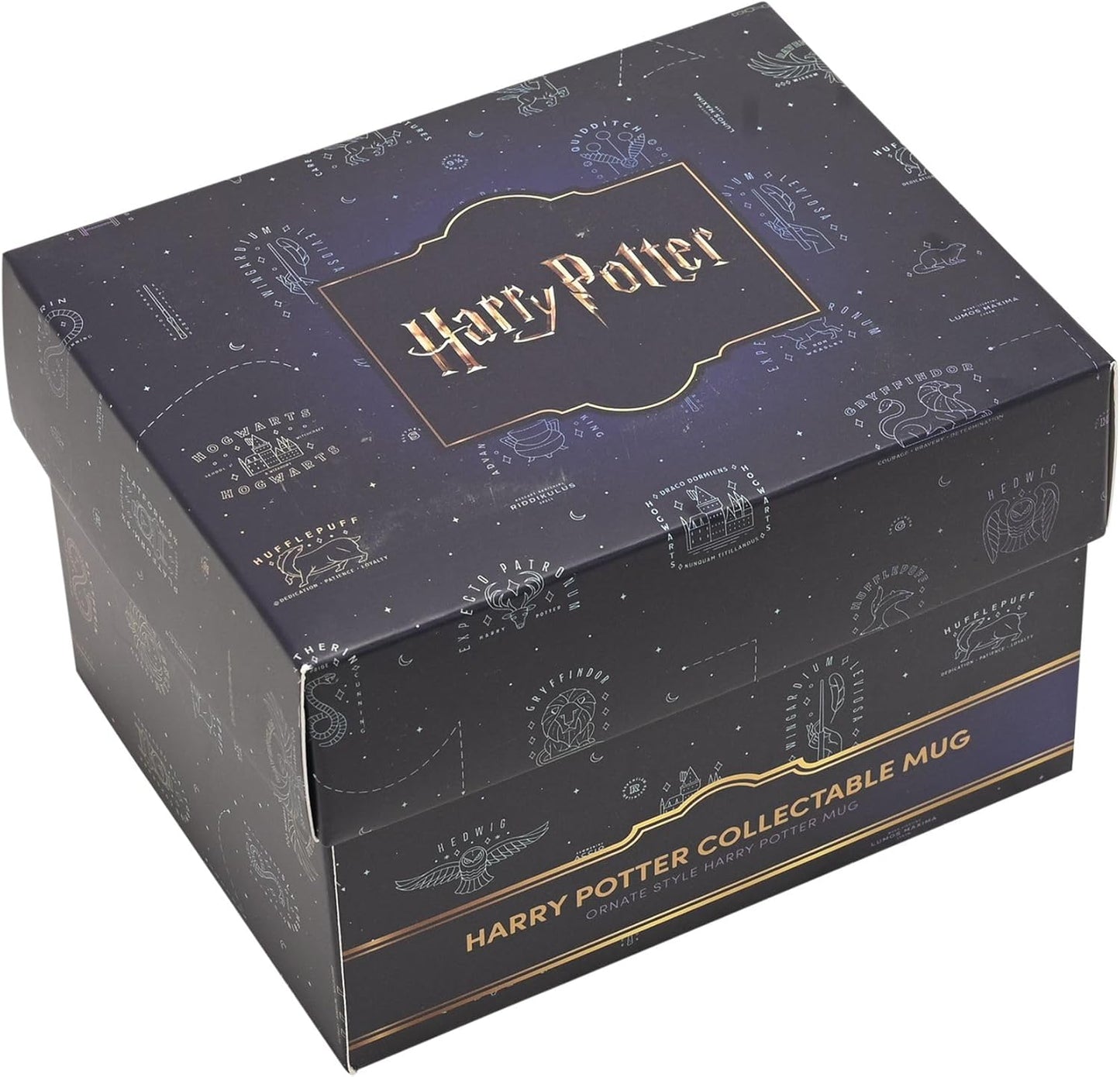 A dark navy blue and black gift box for the Harry Potter Collectable Mug, featuring gold foil branding and wizard-themed illustrations on a clean white background.