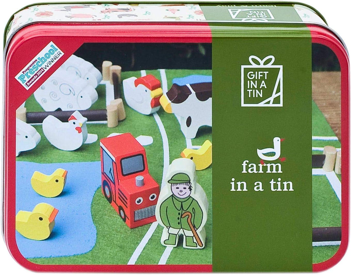 Toy set packaging labeled 'Farm in a Tin' with colorful farm animals and a red truck.