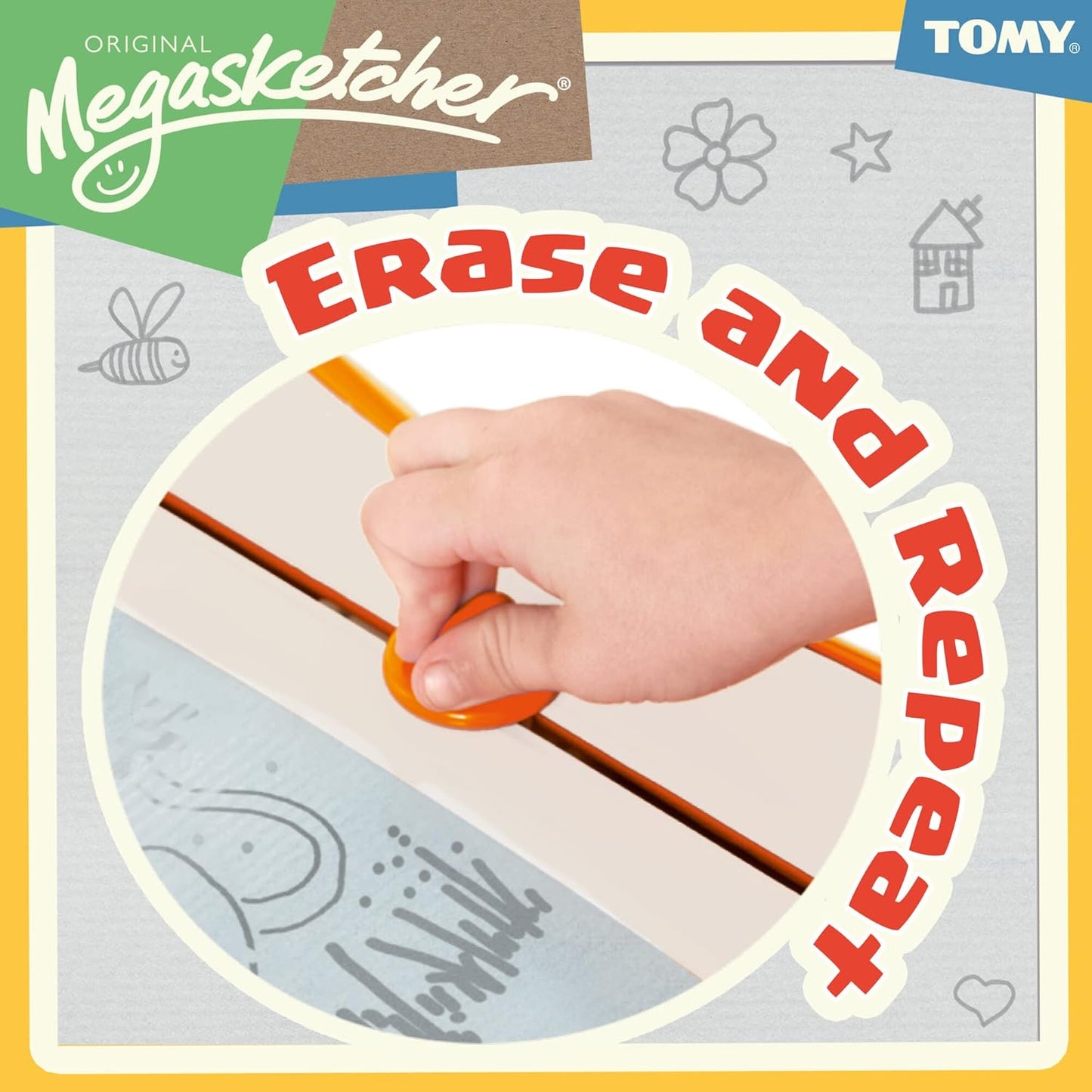 Tomy Megasketcher product packaging with a hand holding a tool and text 'Erase and Repeat'.