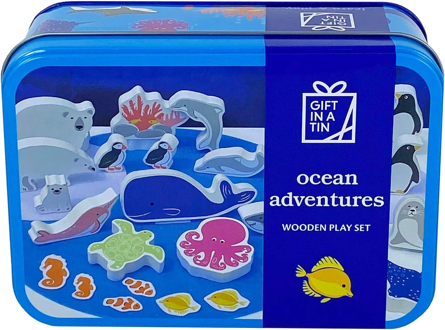 Blue tin box with ocean-themed wooden play set illustrations on a white background