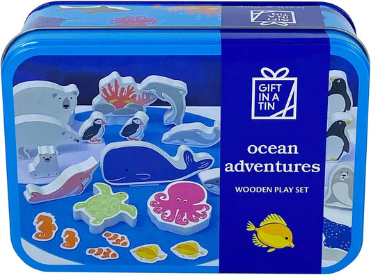 Blue tin box with ocean-themed wooden play set illustrations on a white background