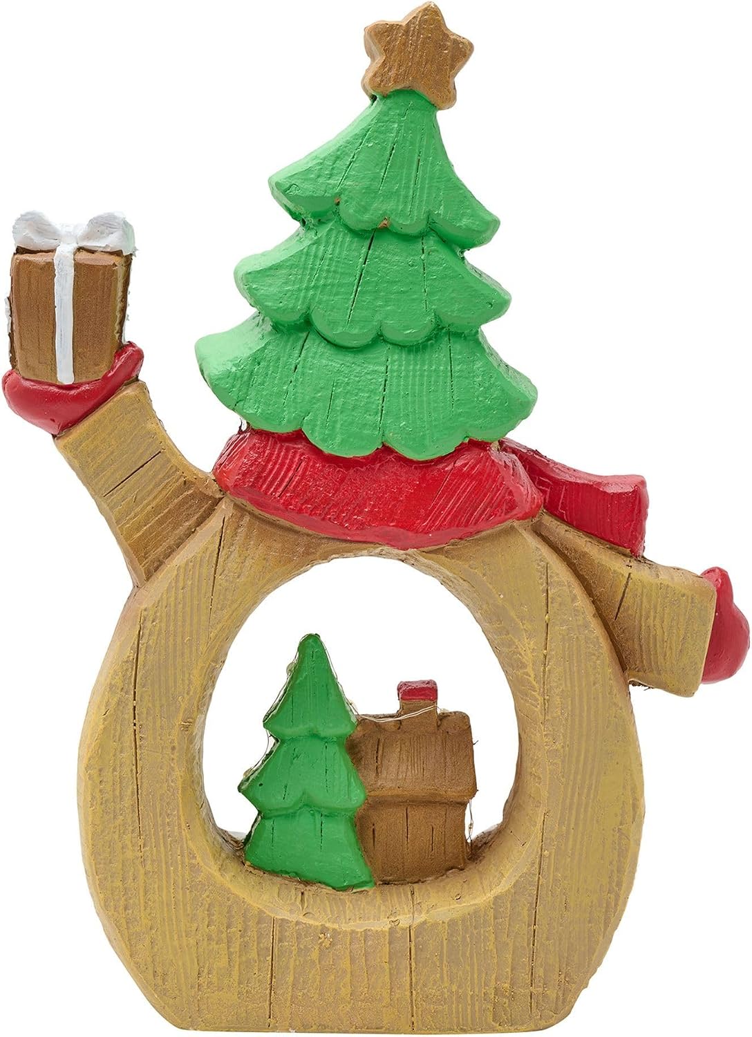 A hand-painted wooden Christmas ornament shaped like a teapot, featuring a green Christmas tree on top with a gold star, a red scarf, and a small green tree and brown house inside the teapot's body.
