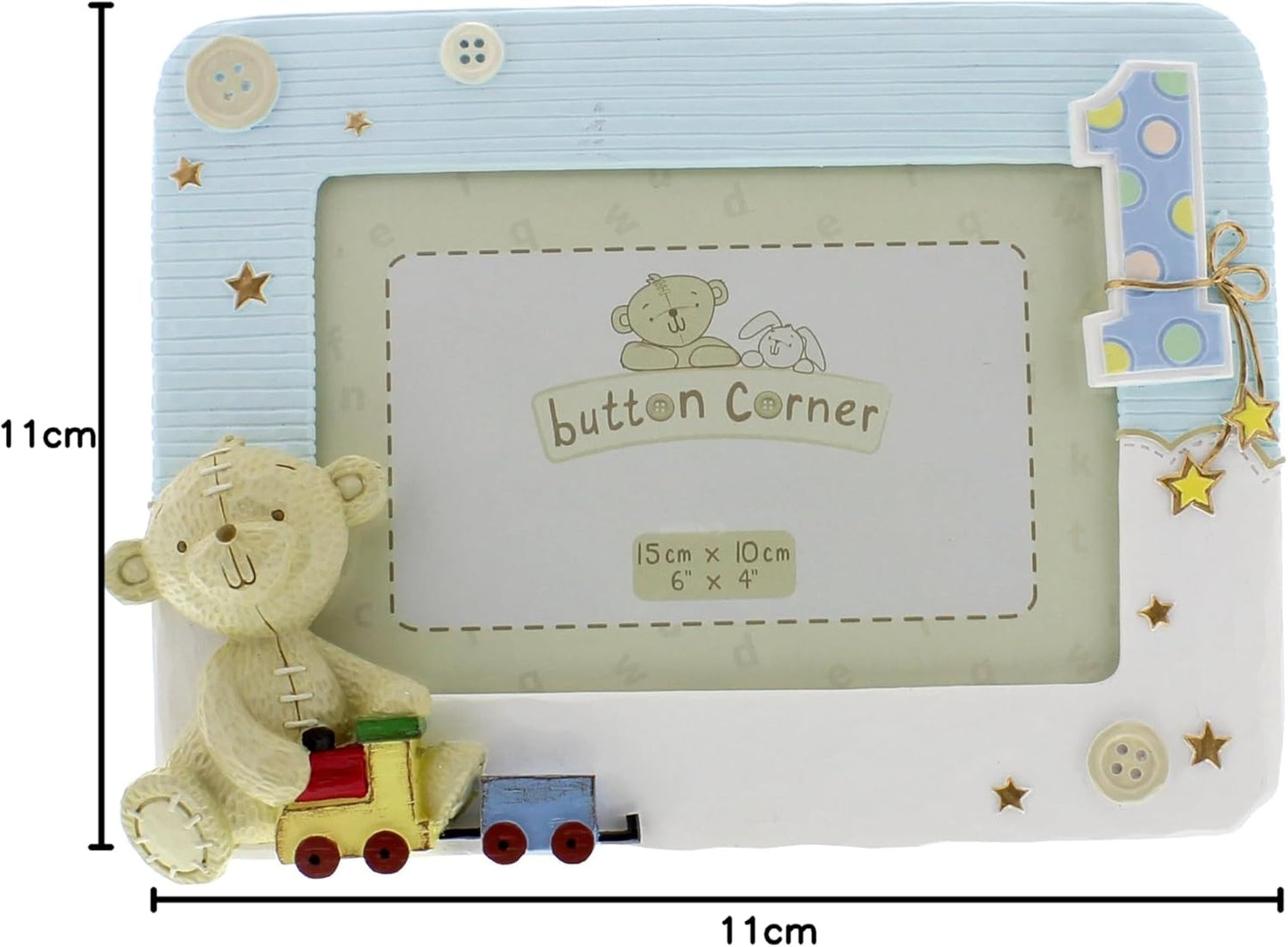 Children's photo frame with teddy bear and decorative elements, featuring 'button Corner' branding.
