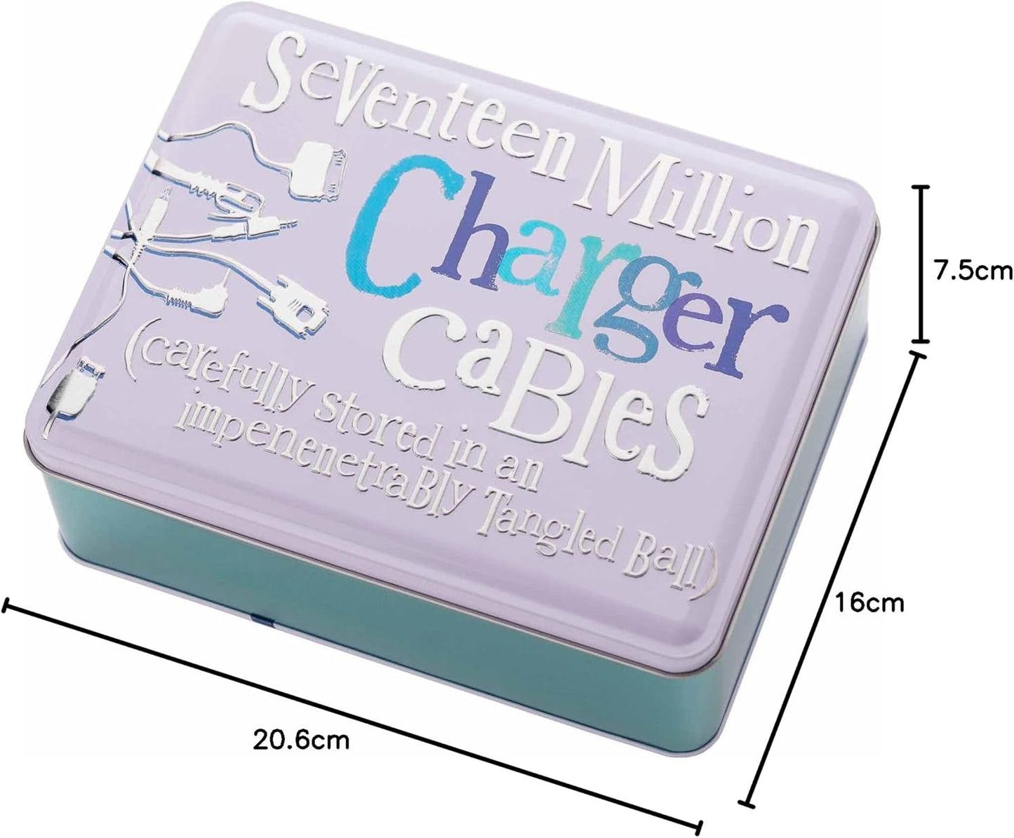 Tin box with text about charger cables and dimensions on a white background