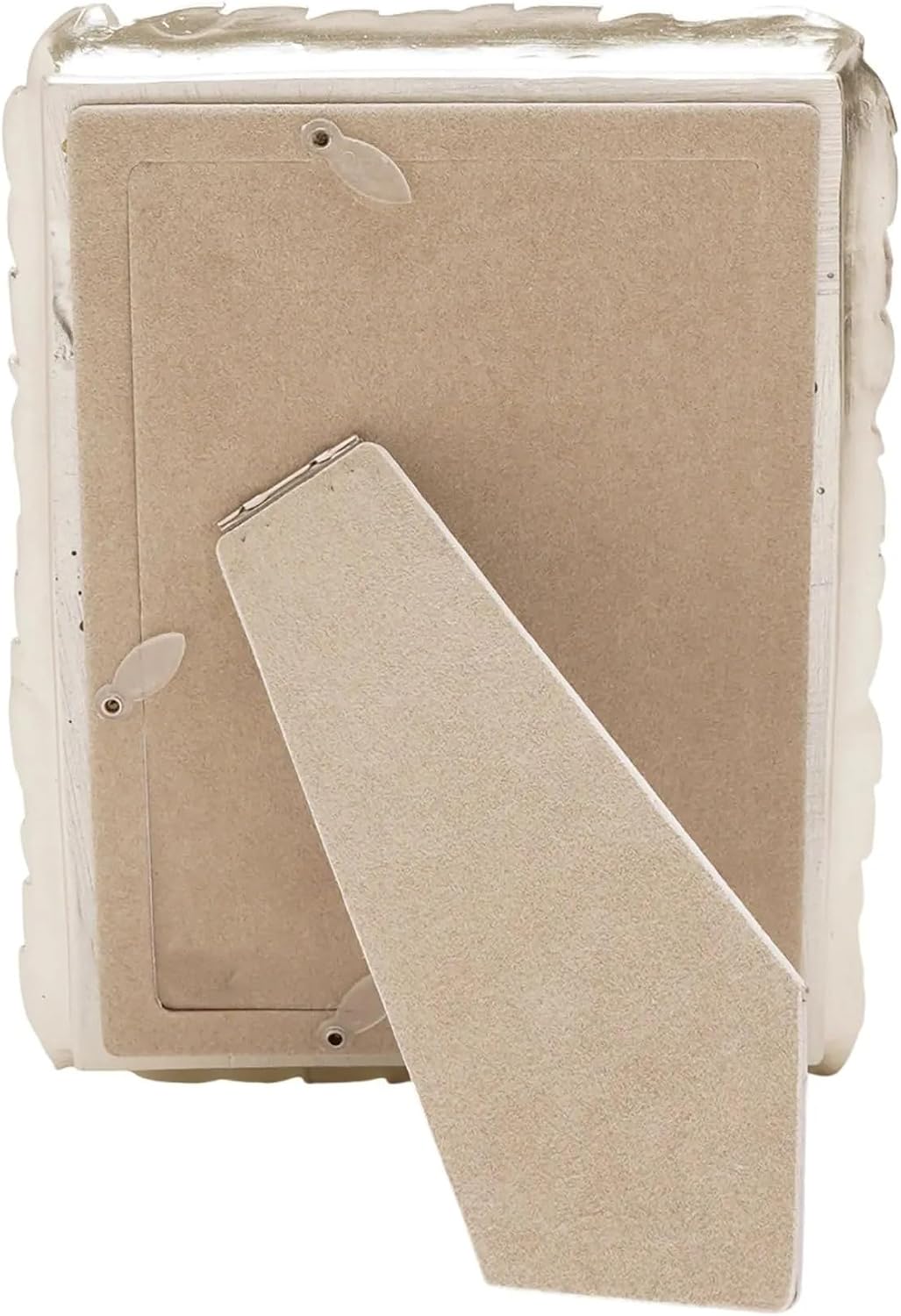 The back view of a square picture frame with a beige cardboard insert and a hinged support tab, shown on a plain white background.