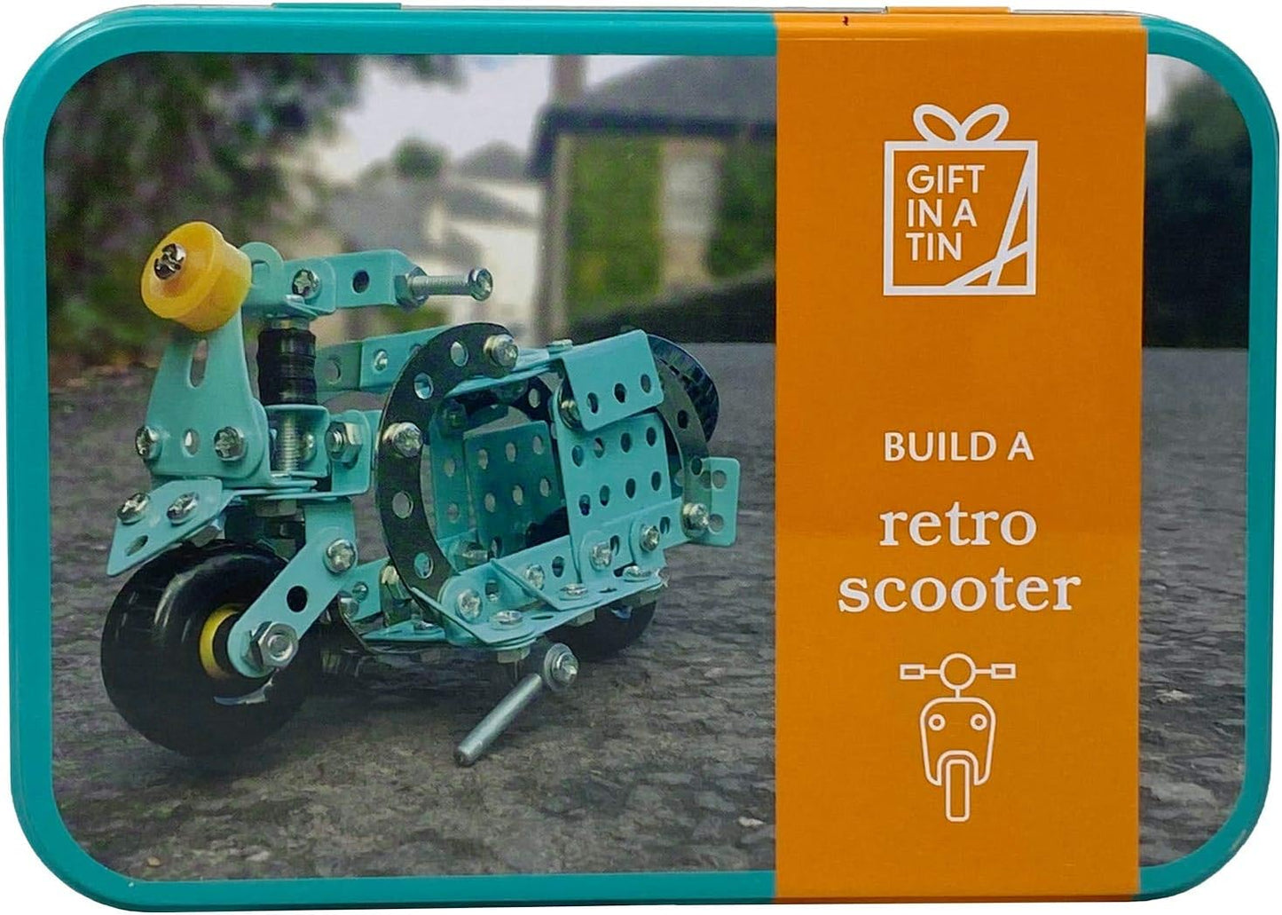 Teal retro scooter model in a tin with orange label and 'Gift in a Tin' logo.