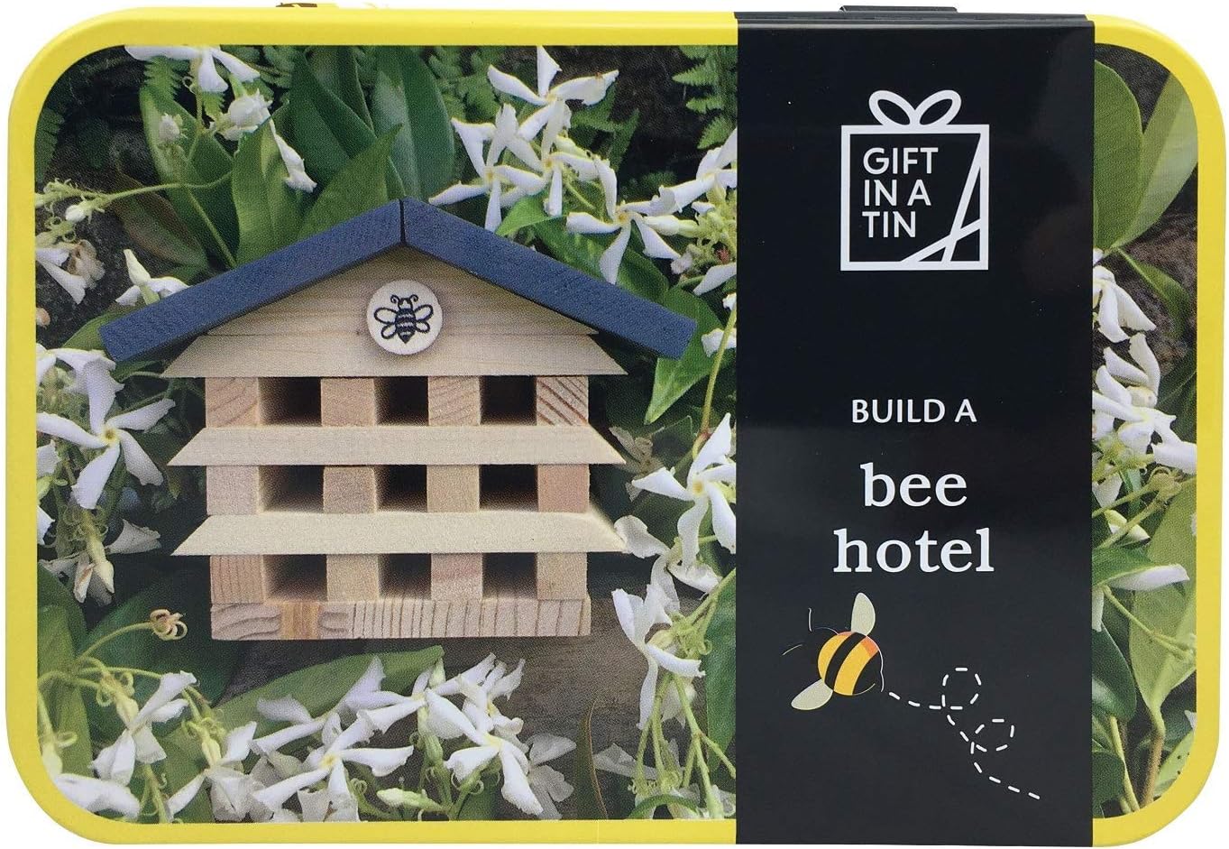 Gift in a tin packaging with a bee hotel model and floral design