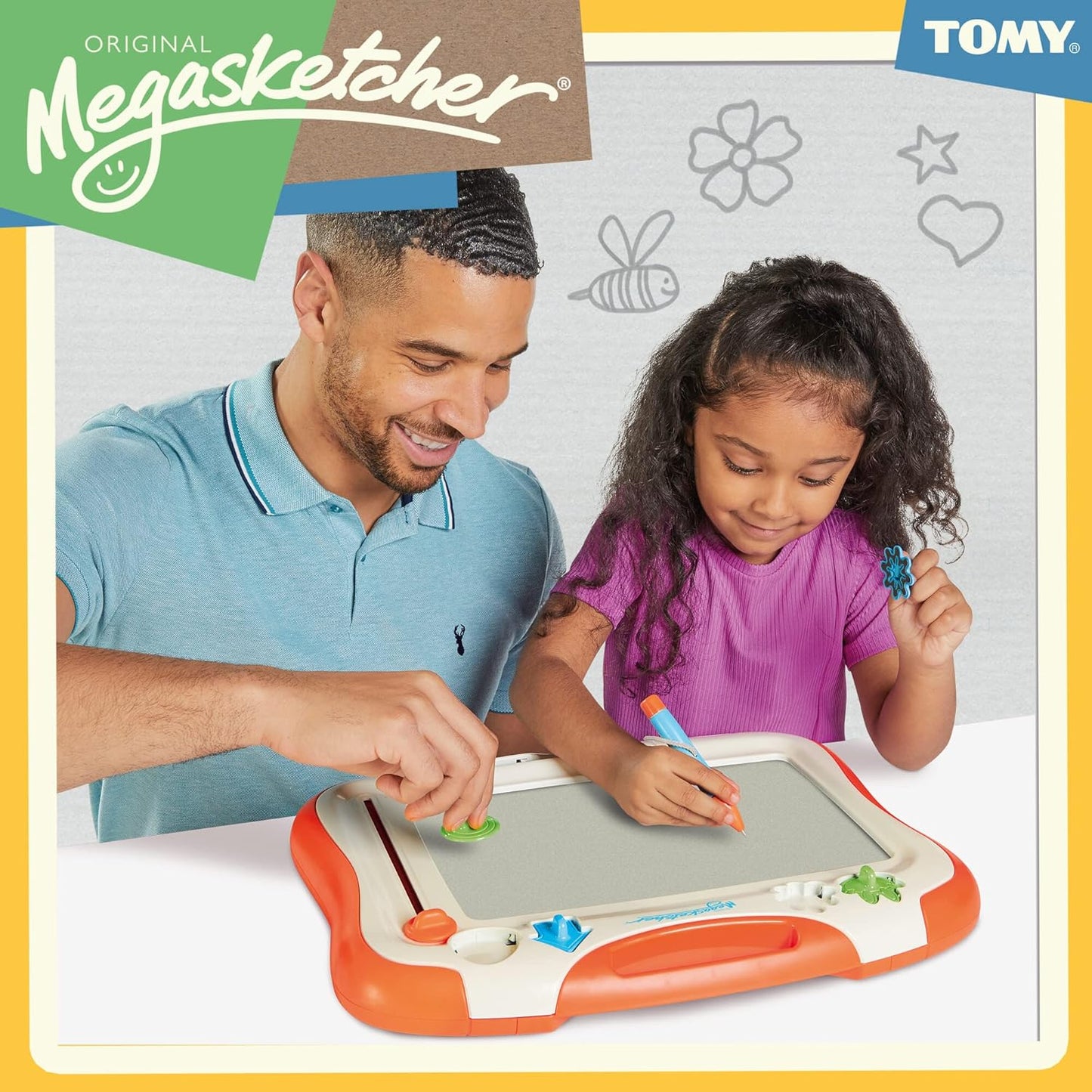 Man and young girl using a TOMY Megasketcher toy together.