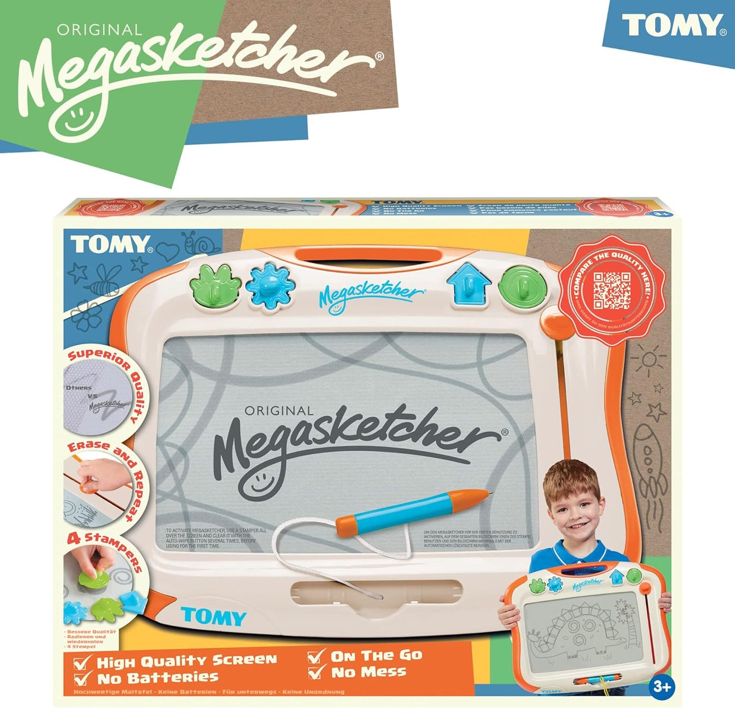 Tomy Megasketcher toy packaging with branding and product features.