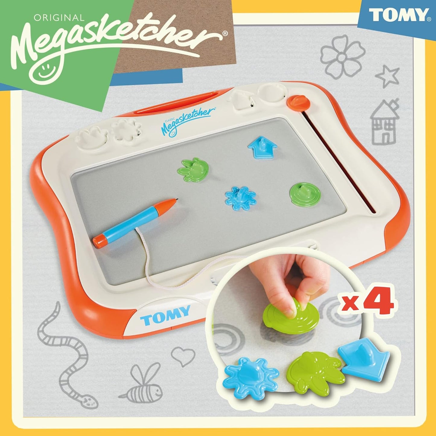 Tomy Megasketcher toy with magnetic shapes and pen on a colorful box background
