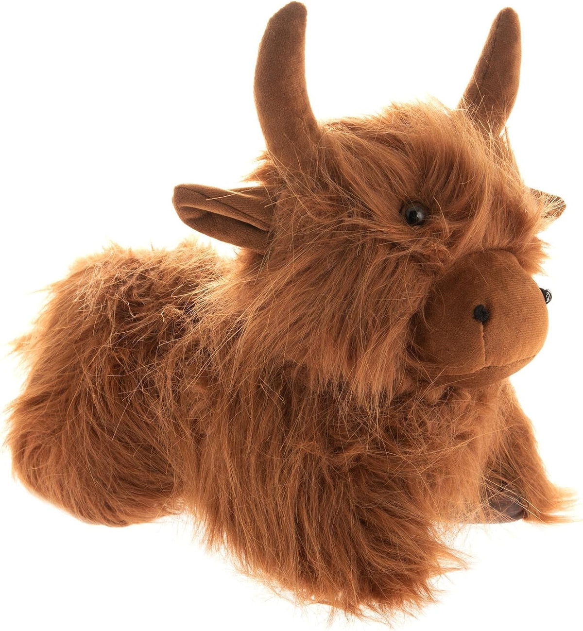 A brown fluffy Highland cow plush door stop with long shaggy fur, small horns, and a soft stitched face, photographed on a plain white background.