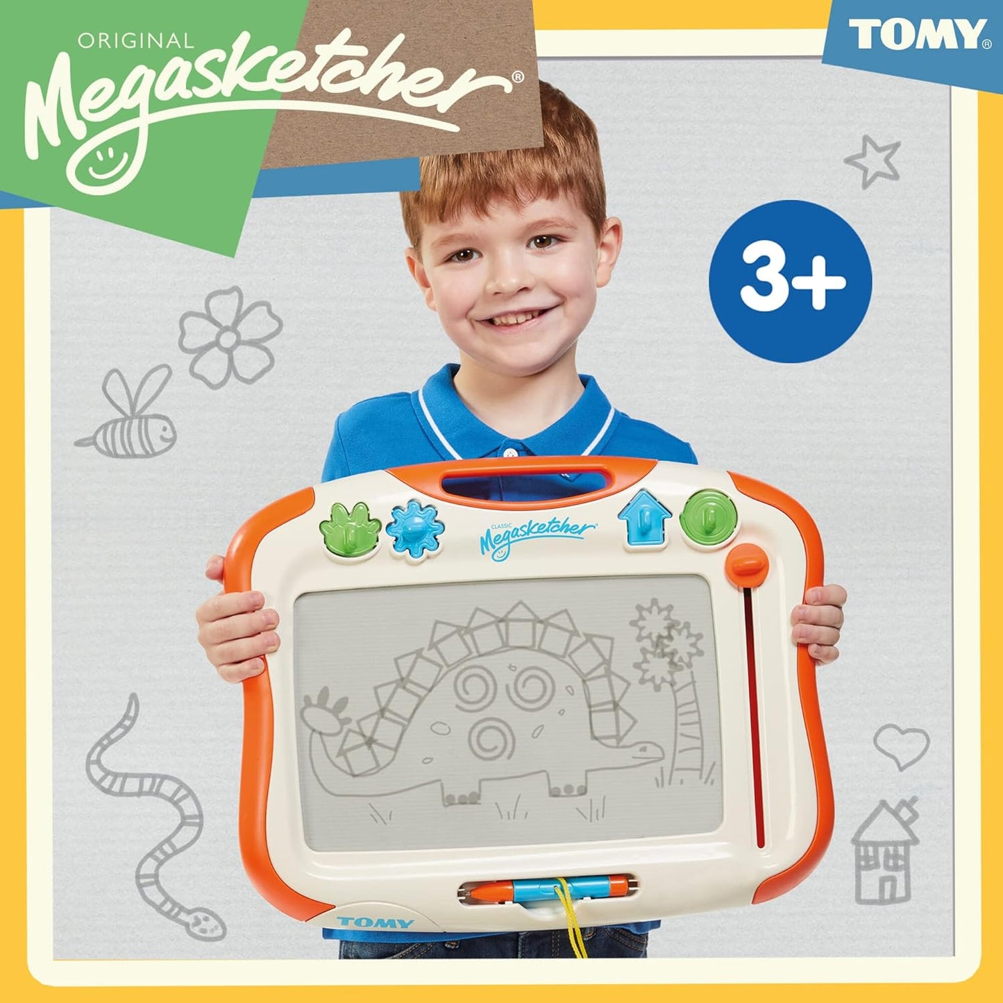 Child holding a Megasketcher toy with Tomy branding, featuring a dinosaur drawing.