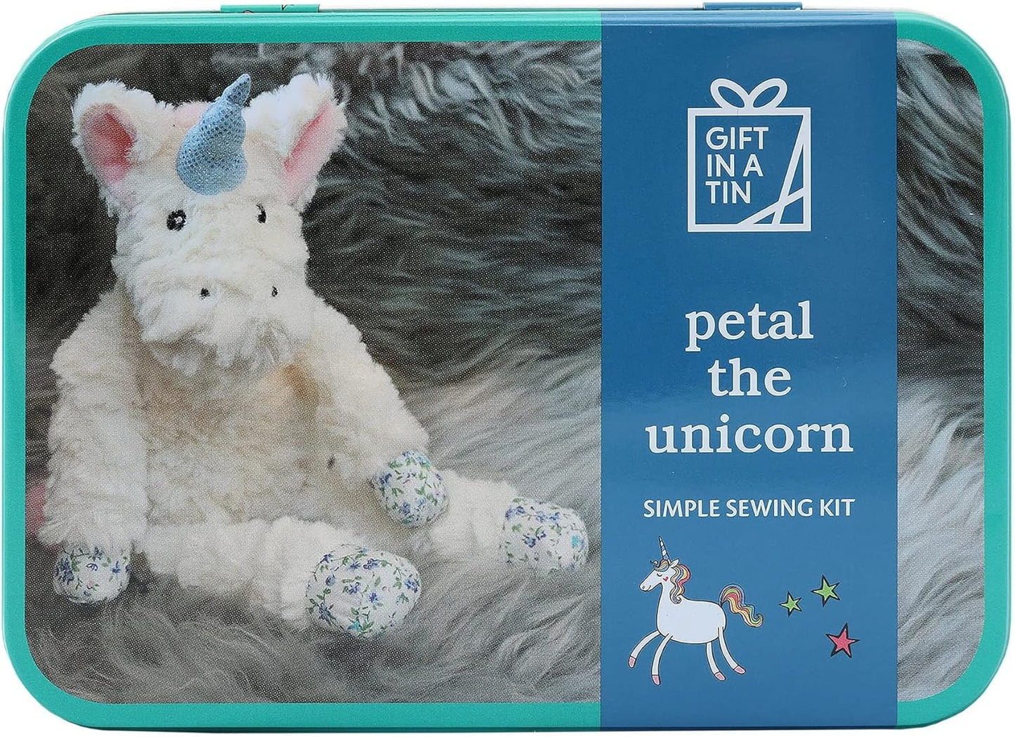 Unicorn plush toy in a tin with 'Gift in a Tin' branding and text about a sewing kit.