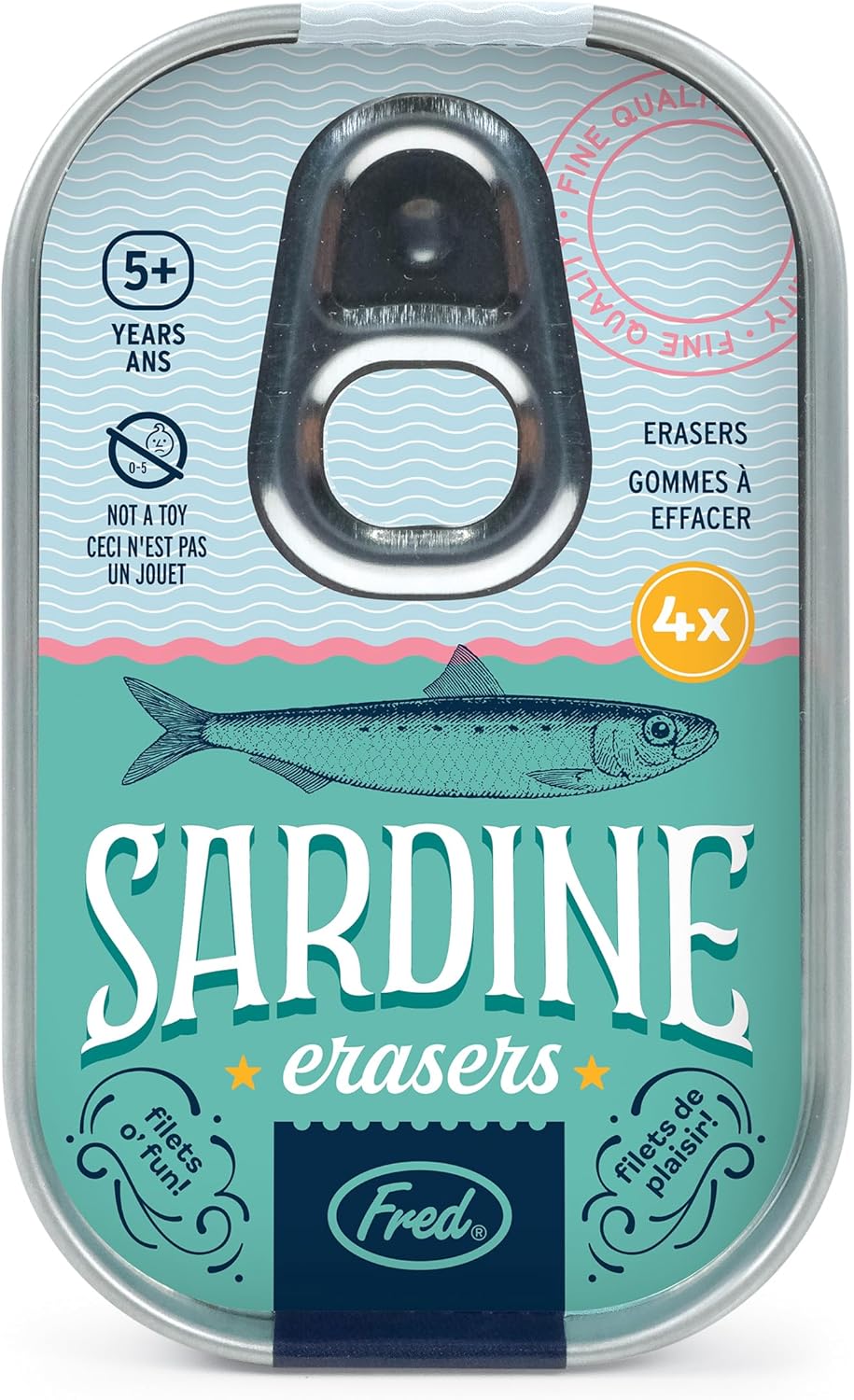 Sardine-shaped erasers packaging with a fish illustration and 'Fred' branding.