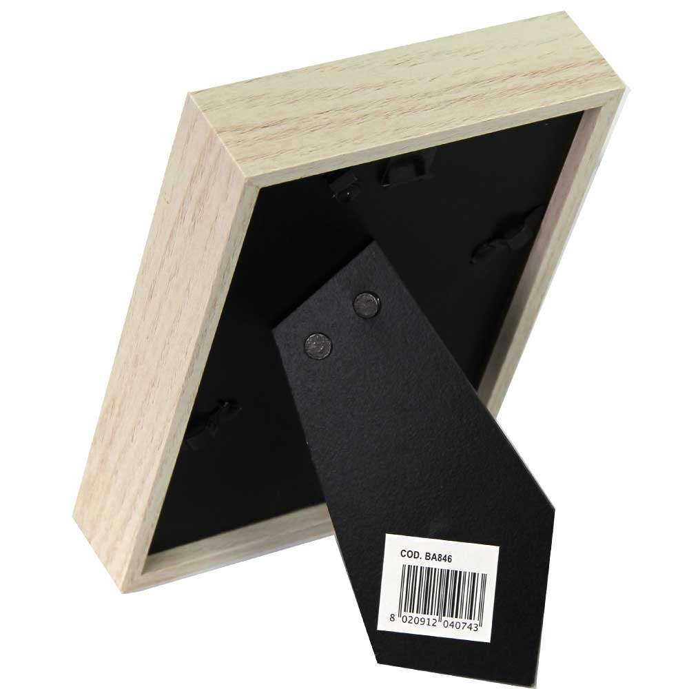 Wooden picture frame with a black interior and visible brand label on a white background