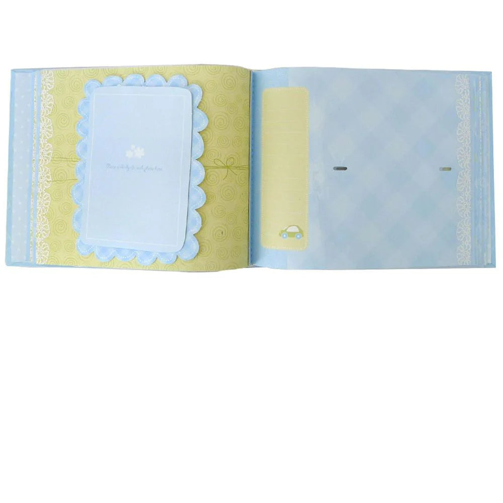 Open book with blue and yellow pages on a white background