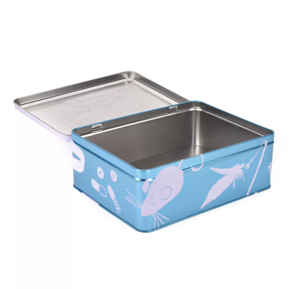 Blue metal storage box with mouse illustrations on a white background