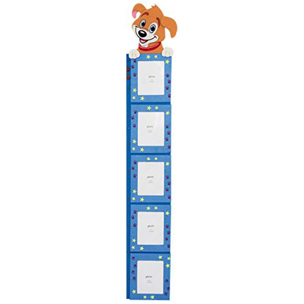 Children's photo album with a cartoon dog on top against a white background