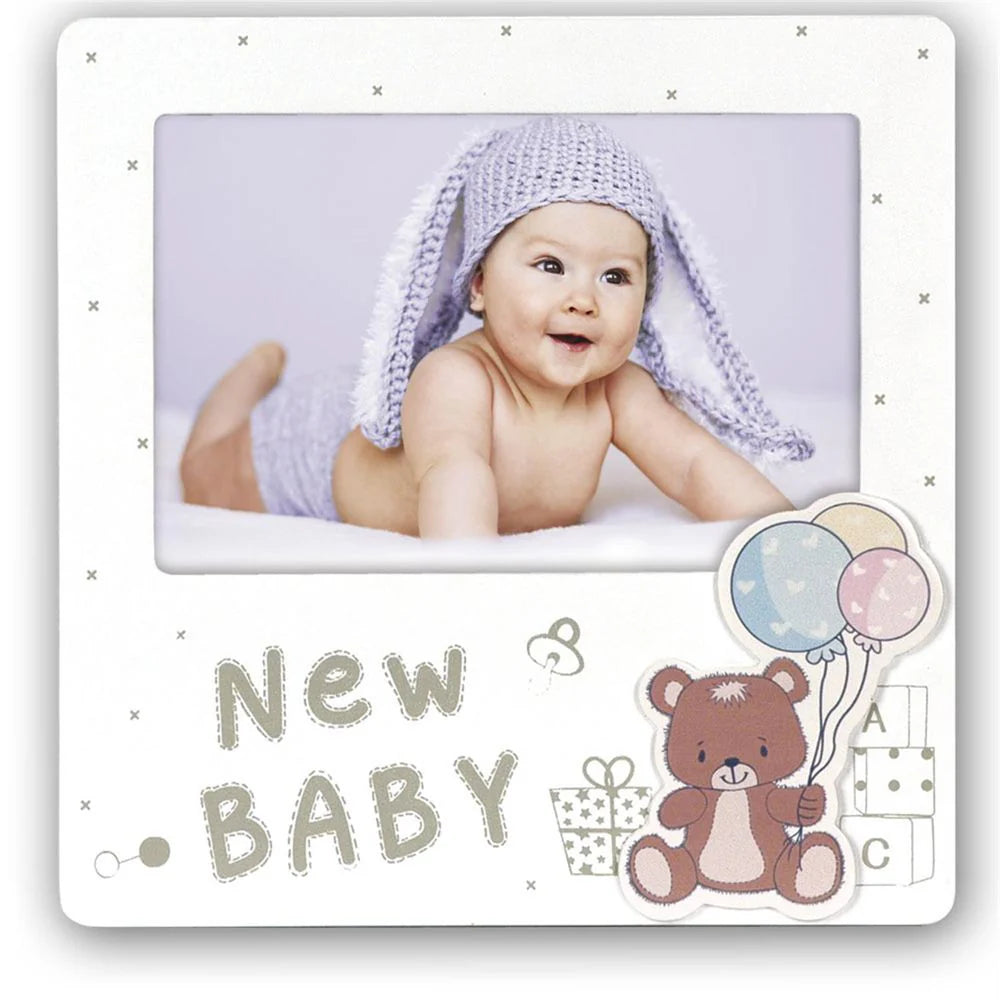 Baby photo frame with a baby wearing a purple bunny hat and 'New Baby' text.