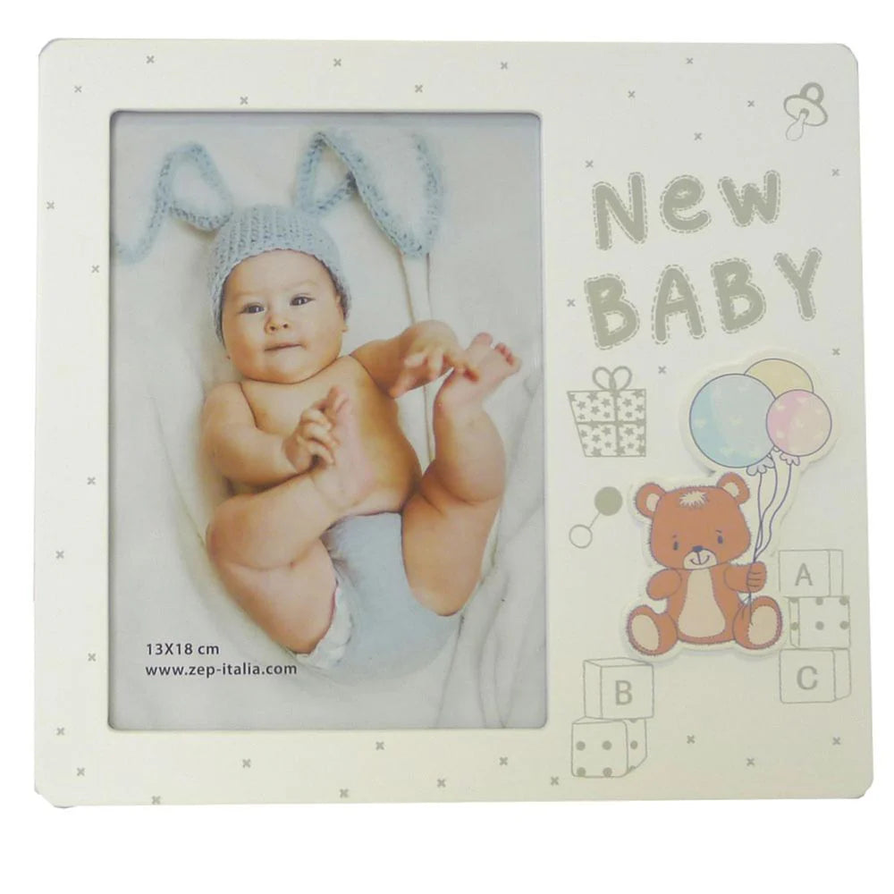 Baby photo frame with a baby picture and 'New Baby' text, featuring a teddy bear and balloons design.