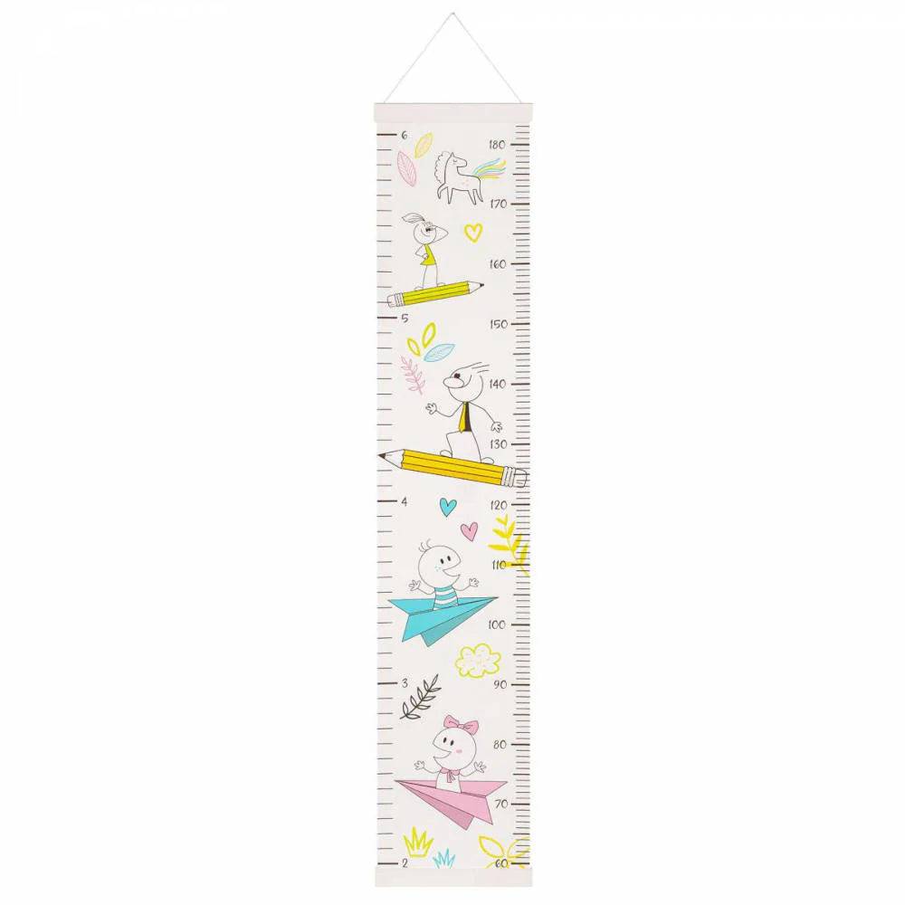 Children's growth chart with cartoon characters on a white background