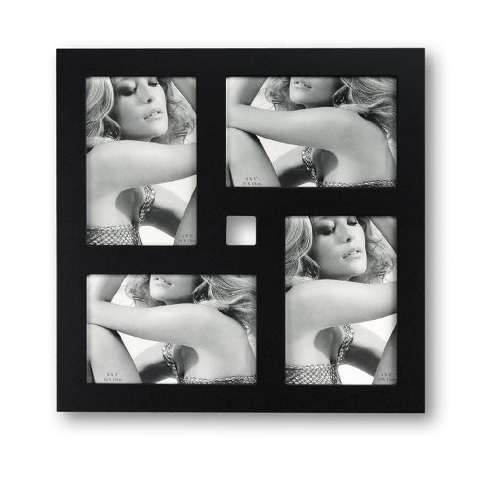 Square Multi Aperture Photo Frame | Four 10 x 15 cm Photos | Hangs | Black