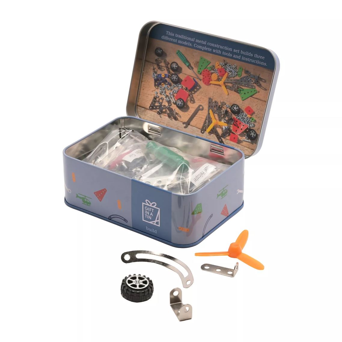 APPLES TO PEARS® Mini Mechanic Construction Set – Gift in a Tin Engineering Kit open tin showing contents