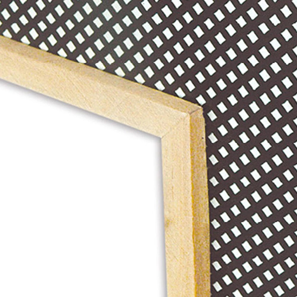 Close-up of a wooden frame corner with a perforated metal sheet background